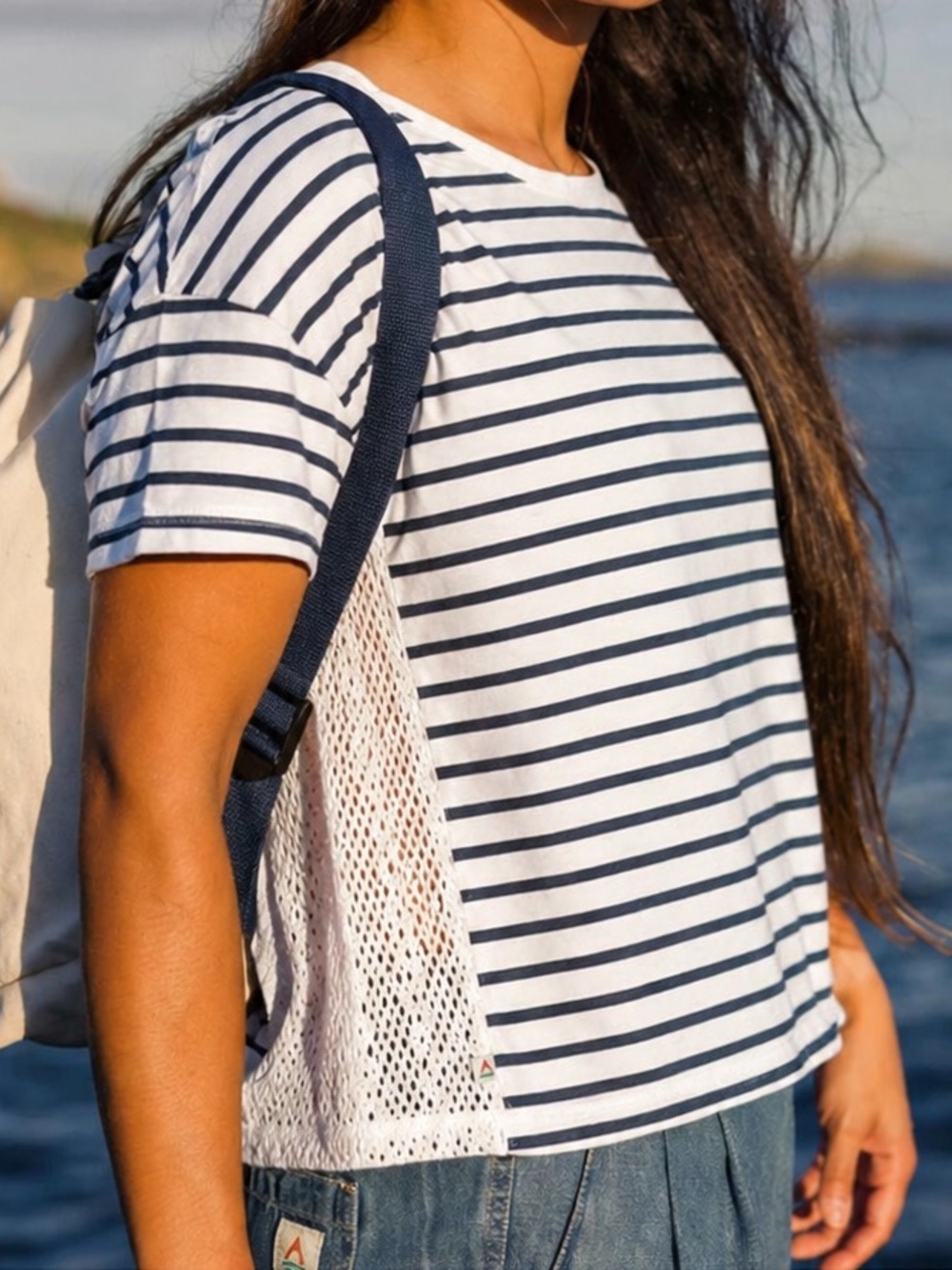Passenger Magnolia Crochet Trim T-Shirt XS Navy Stripe Organic Cotton Crop Fit